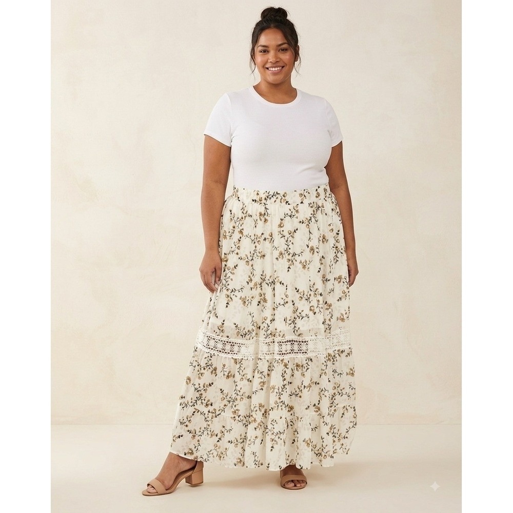 Torrid Floral Chiffon Crochet Lace Tiered Maxi Skirt Sz 3 Cottage Fairy Peasant